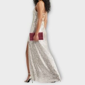 B Darlin Silver Sequin Stretch Halter Maxi Dress Backless Party Cocktail Evening